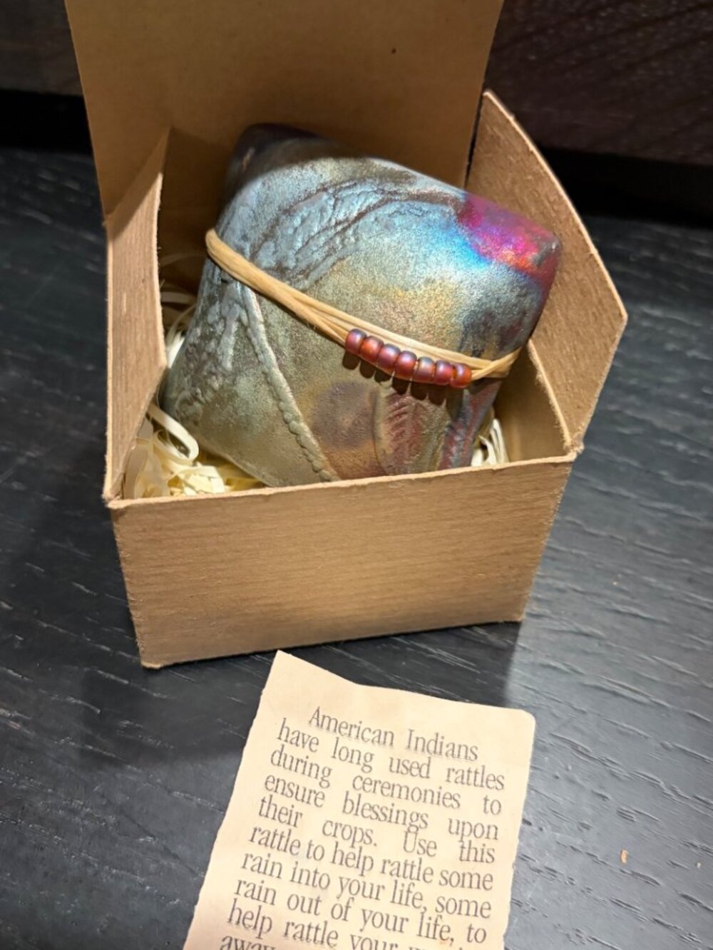 Vintage Southwestern Style Artisan Pottery Rattle Leather Beads Original Box - Picture 6 of 7
